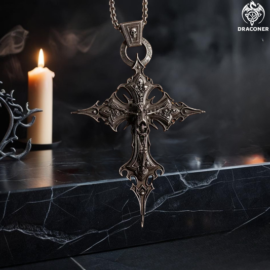 Vintage Gothic Skull Jesus Cross Pendant