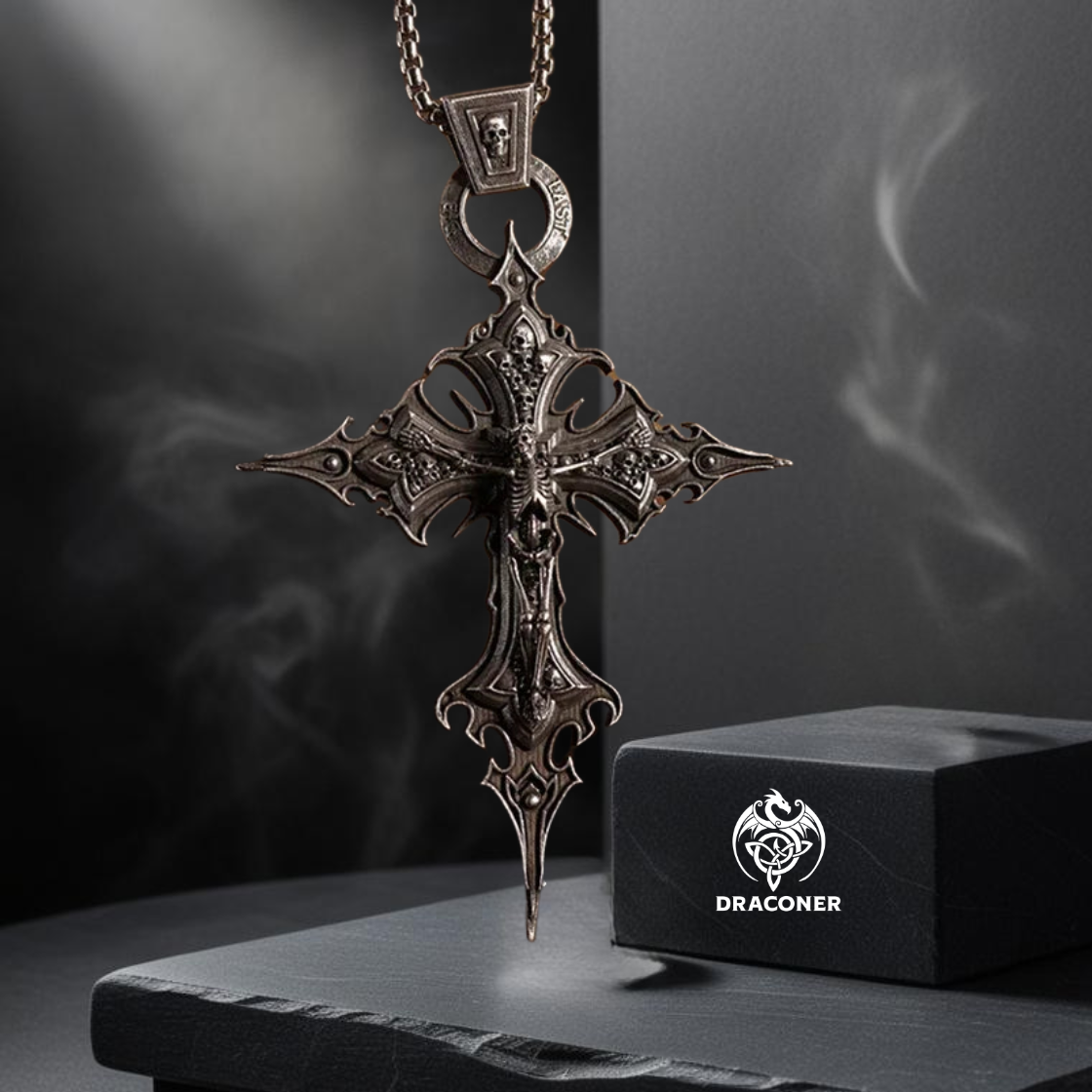 Vintage Gothic Skull Jesus Cross Pendant