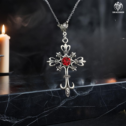 Vintage Ruby Cross Necklace Gothic