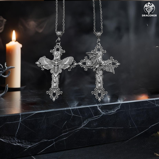Cicada & Bat Cross Necklace Pendant